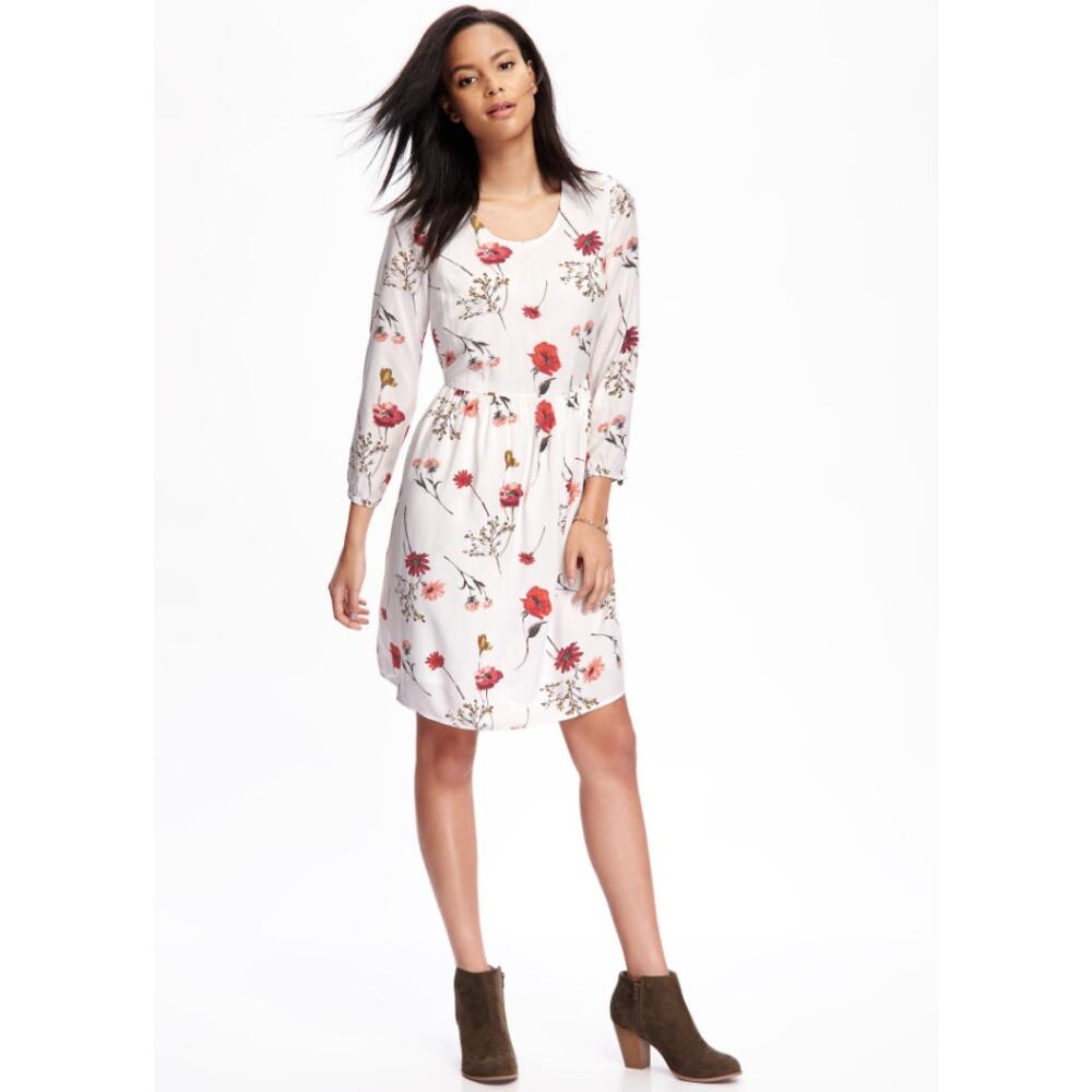 Old Navy White Red Floral 3/4 Sleeve V Neck Swing Mini Dress Womens Medium